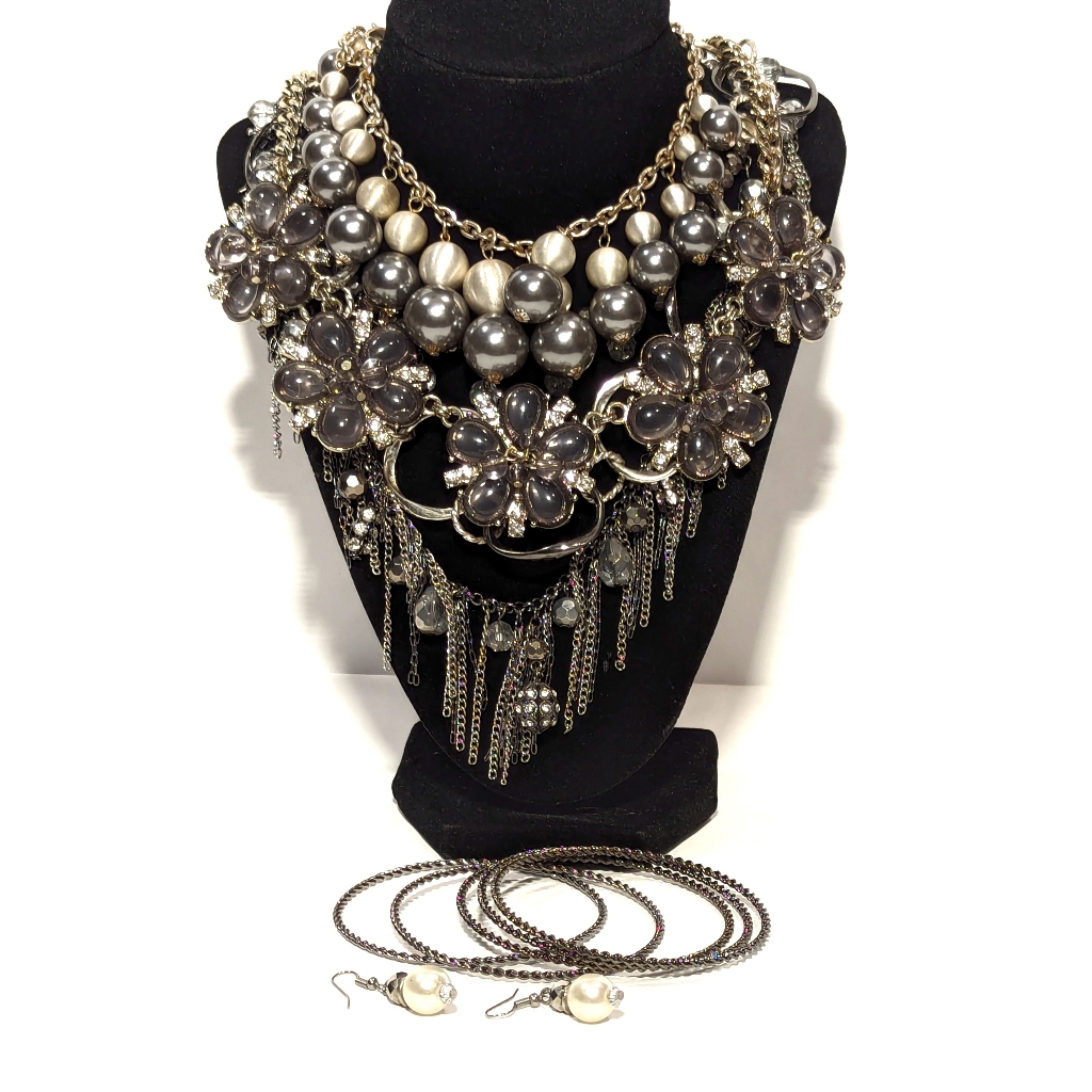 6 Pc Jewelry Lot Necklaces Bracelet Earrings Gray Silver Tone Chunky Sta
